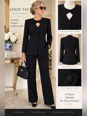Leslie Fay Black Pant Suit Size 6 Vintage Stunning!!